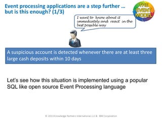 Event processing applications are a step further …
but is this enough? (1/3)
I want to know about it
immediately and react in the
best possible way

A suspicious account is detected whenever there are at least three
large cash deposits within 10 days

Let’s see how this situation is implemented using a popular
SQL like open source Event Processing language

 