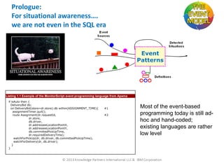 Prologue:
For situational awareness….
we are not even in the SQL era

Event
Patterns

Listing 1.1 Example of the MonitorScript event programming language from Apama
if isAuto then {
DeliveryBid db;
on DeliveryBid(store=dr.store):db within(ASSIGNMENT_TIME){
assignmentTimer.quit();
route Assignment(dr.requestId,
dr.store,
db.driver,
dr.addresseeLocationPointX,
dr.addresseeLocationPointY,
db.committedPickUpTime,
dr.requiredDeliveryTime);
watchForPickUp(dr, db.driver, db.committedPickUpTime);
watchForDelivery(dr, db.driver);
}
}

#1
#2

Most of the event-based
programming today is still adhoc and hand-coded;
existing languages are rather
low level

 