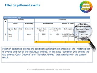 Filter on patterned events

Suspicious customer logic
Row
Context
#
When
Partition by
Expressi Start
on
1

Every
week

End

Customer ID
same

Conditions
Filter on event
Amount <Cash
deposit>
>=

A

150K

Pattern on events

Amount <Transfer
Abroad>
>=

B

100K

Filter on
patterned events
Cash deposit
Account <Cash
Deposit>
OCCURS Transfer IS
Account
BEFORE Arboad
NOT <Transfer
Abroad>
C

D

Filter on patterned events are conditions among the members of the “matched set”
of events and not on the individual events. In this case condition D is among the
two events “Cash Deposit” and “Transfer Abroad” that participate in the pattern
result.

 