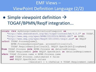 EMF Views –
ViewPoint Definition Language (2/2)
● Simple viewpoint definition 
TOGAF/BPMN/ReqIf integration...
 