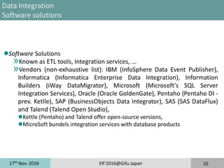 17th
Nov. 2016 ER'2016@Gifu.Japan 10
Data Integration
Software solutions
Software Solutions
»Known as ETL tools, Integration services, ...
»Vendors (non-exhaustive list): IBM (InfoSphere Data Event Publisher),
Informatica (Informatica Enterprise Data Integration), Information
Builders (iWay DataMigrator), Microsoft (Microsoft's SQL Server
Integration Services), Oracle (Oracle GoldenGate), Pentaho (Pentaho DI -
prev. Ketlle), SAP (BusinessObjects Data Integrator), SAS (SAS DataFlux)
and Talend (Talend Open Studio),
Kettle (Pentaho) and Talend offer open-source versions,
MicroSoft bundels integration services with database products
 