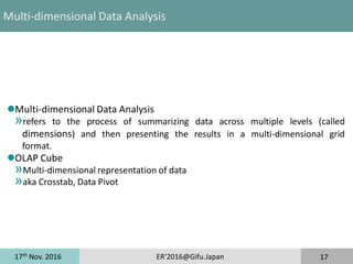 17th
Nov. 2016 ER'2016@Gifu.Japan 17
Multi-dimensional Data Analysis
Multi-dimensional Data Analysis
»refers to the process of summarizing data across multiple levels (called
dimensions) and then presenting the results in a multi-dimensional grid
format.
OLAP Cube
»Multi-dimensional representation of data
»aka Crosstab, Data Pivot
 
