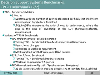 17th
Nov. 2016 ER'2016@Gifu.Japan 32
Decision Support Systems Benchmarks
TPC-H Benchmark (2/2)
TPC-H Benchmark Metrics
2 Metrics
»QphH@Size is the number of queries processed per hour, that the system
under test can handle for a fixed load
»$/QphH@Size represents the ratio of cost to performance, where the
cost is the cost of ownership of the SUT (hardware,software,
maintenance).
Variants of TPC-H Benchmarks
TPC-H*d Benchmark –detailed in Part II
»Turning TPC-H benchmark into a Multi-dimensional benchmark
»Few schema changes
»No update to workload requirement
»MDX workload for OLAP cubes and OLAP queries
SSB: Star Schema Benchmark
»Turning TPC-H benchmark into star-schema
»Workload composed of 12 queries
TPC-H translated into Pig Latin (Apache Hadoop Ecosystem)
»22 pig latin scripts which load and process TPC-H raw data files (.tbl files)
 