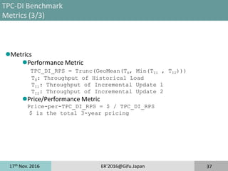 17th
Nov. 2016 ER'2016@Gifu.Japan 37
TPC-DI Benchmark
Metrics (3/3)
Metrics
Performance Metric
TPC_DI_RPS = Trunc(GeoMean(TH, Min(TI1 , TI2)))
TH: Throughput of Historical Load
TI1: Throughput of Incremental Update 1
TI2: Throughput of Incremental Update 2
Price/Performance Metric
Price-per-TPC_DI_RPS = $ / TPC_DI_RPS
$ is the total 3-year pricing
 