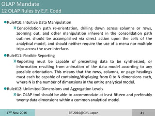 17th
Nov. 2016 ER'2016@Gifu.Japan 41
OLAP Mandate
12 OLAP Rules by E.F. Codd
Rule#10: Intuitive Data Manipulation
»Consolidation path re-orientation, drilling down across columns or rows,
zooming out, and other manipulation inherent in the consolidation path
outlines should be accomplished via direct action upon the cells of the
analytical model, and should neither require the use of a menu nor multiple
trips across the user interface.
Rule#11: Flexible Reporting
»Reporting must be capable of presenting data to be synthesized, or
information resulting from animation of the data model according to any
possible orientation. This means that the rows, columns, or page headings
must each be capable of containing/displaying from 0 to N dimensions each,
where N is the number of dimensions in the entire analytical model.
Rule#12: Unlimited Dimensions and Aggregation Levels
»An OLAP tool should be able to accommodate at least fifteen and preferably
twenty data dimensions within a common analytical model.
 
