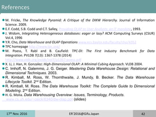 17th
Nov. 2016 ER'2016@Gifu.Japan 42
References
 M. Fricke, The Knowledge Pyramid: A Critique of the DIKW Hierarchy. Journal of Information
Science. 2009.
 E.F. Codd, S.B. Codd and C.T. Salley, Providing OLAP to User Analysts: an IT mandate, 1993.
 J. Widom, Integrating Heterogeneous databases: eager or lazy? ACM Computing Surveys (CSUR)
Vol.4, 1996
 Y.R. Cho, Data Warehouse and OLAP Operations www.ecs.baylor.edu/faculty/cho/4352
 TPC homepage http://www.tpc.org/
 M. Poess, T. Rabl and B. Caufield: TPC-DI: The First Industry Benchmark for Data
Integration. PVLDB 7(13): 1367-1378 (2014)
http://www.vldb.org/pvldb/vol7/p1367-poess.pdf
 X. Li, J. Han, H. Gonzalez: High-Dimensional OLAP: A Minimal Cubing Approach. VLDB 2004.
 C. Imhoff, N. Galemmo, J. G. Geiger. Mastering Data Warehouse Design: Relational and
Dimensional Techniques. 2003.
 R. Kimball, M. Ross, W. Thornthwaite, J. Mundy, B. Becker. The Data Warehouse
Lifecycle Toolkit. 2nd Edition.
 R. Kimball, M. Ross. The Data Warehouse Toolkit: The Complete Guide to Dimensional
Modeling. 2nd Edition.
 H. G. Molia. Data Warehousing Overview: Issues, Terminology, Products.
www.cs.uh.edu/~ceick/6340/dw-olap.ppt (slides)
 