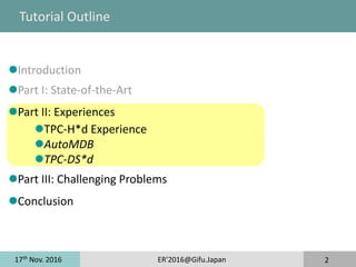 17th
Nov. 2016 ER'2016@Gifu.Japan 2
Tutorial Outline
Introduction
Part I: State-of-the-Art
Part II: Experiences
TPC-H*d Experience
AutoMDB
TPC-DS*d
Part III: Challenging Problems
Conclusion
 