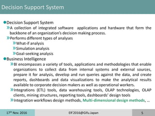 17th
Nov. 2016 ER'2016@Gifu.Japan 5
Decision Support System
Decision Support System
»A collection of integrated software applications and hardware that form the
backbone of an organization’s decision making process.
»Performs different types of analyses
»What-if analysis
»Simulation analysis
»Goal-seeking analysis
Business Intelligence
»BI encompasses a variety of tools, applications and methodologies that enable
organizations to collect data from internal systems and external sources,
prepare it for analysis, develop and run queries against the data, and create
reports, dashboards and data visualizations to make the analytical results
available to corporate decision makers as well as operational workers.
»Integrations (ETL) tools, data warehousing tools, OLAP technologies, OLAP
clients, mining structures, reporting tools, dashboards’ design tools
»Integration workflows design methods, Multi-dimensional design methods, …
 
