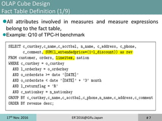 17th
Nov. 2016 ER'2016@Gifu.Japan
All attributes involved in measures and measure expressions
belong to the fact table,
Example: Q10 of TPC-H benchmark
# 7
OLAP Cube Design
Fact Table Definition (1/9)
 