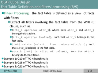 17th
Nov. 2016 ER'2016@Gifu.Japan
Filters Processing: the fact table is defined as a view of facts
with filters
»Extract all filters involving the fact table from the WHERE
clause, such as
(attr_i operator attr_j), where both attr_i and attr_j
belong the fact table,
(attr_k operator $value$), such that attr_k belongs to the
fact table,
[not] exists (select … from … where attr_k …), such
that attr_k belongs to the fact table,
attr_k [not] in (list of values), such that attr_k
belongs to the fact table,
Example 1: Q10 of TPC-H benchmark
Example 2: Q16 of TPC-H benchmark
Example 3: Q21 of TPC-H benchmark
# 12
OLAP Cube Design
Fact Table Definition and filters’ processing (6/9)
 