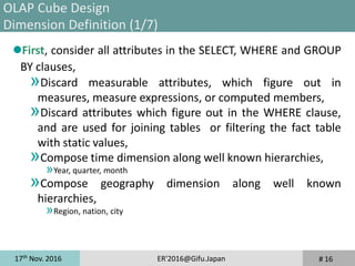 17th
Nov. 2016 ER'2016@Gifu.Japan
First, consider all attributes in the SELECT, WHERE and GROUP
BY clauses,
»Discard measurable attributes, which figure out in
measures, measure expressions, or computed members,
»Discard attributes which figure out in the WHERE clause,
and are used for joining tables or filtering the fact table
with static values,
»Compose time dimension along well known hierarchies,
»Year, quarter, month
»Compose geography dimension along well known
hierarchies,
»Region, nation, city
# 16
OLAP Cube Design
Dimension Definition (1/7)
 