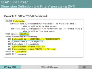 17th
Nov. 2016 ER'2016@Gifu.Japan
Example 1: Q12 of TPC-H Benchmark
# 21
OLAP Cube Design
Dimension Definition and Filters’ processing (5/7)
 