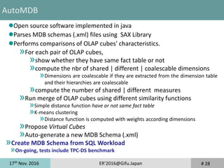 17th
Nov. 2016 ER'2016@Gifu.Japan
Open source software implemented in java
Parses MDB schemas (.xml) files using SAX Library
Performs comparisons of OLAP cubes' characteristics.
»For each pair of OLAP cubes,
»show whether they have same fact table or not
»compute the nbr of shared | different | coalescable dimensions
»Dimensions are coalescable if they are extracted from the dimension table
and their hierarchies are coalescable
»compute the number of shared | different measures
»Run merge of OLAP cubes using different similarity functions
»Simple distance function have or not same fact table
»K-means clustering
»Distance function is computed with weights according dimensions
»Propose Virtual Cubes
»Auto-generate a new MDB Schema (.xml)
»Create MDB Schema from SQL Workload
»On-going, tests include TPC-DS benchmark
# 28
AutoMDB
 