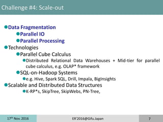 17th
Nov. 2016 ER'2016@Gifu.Japan 7
Challenge #4: Scale-out
Introduction
Part I: Methods & State-of-the-Art
Part II: Experiences
Part III: Challenging Problems
Conclusion
Data Fragmentation
Parallel IO
Parallel Processing
Technologies
Parallel Cube Calculus
Distributed Relational Data Warehouses + Mid-tier for parallel
cube calculus, e.g. OLAP* framework
SQL-on-Hadoop Systems
e.g. Hive, Spark SQL, Drill, Impala, BigInsights
Scalable and Distributed Data Structures
K-RP*s, SkipTree, SkipWebs, PN-Tree,
 