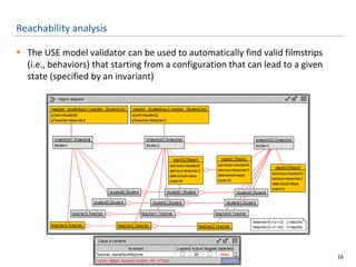 Reachability analysis
 The USE model validator can be used to automatically find valid filmstrips
(i.e., behaviors) that starting from a configuration that can lead to a given
state (specified by an invariant)
16
 