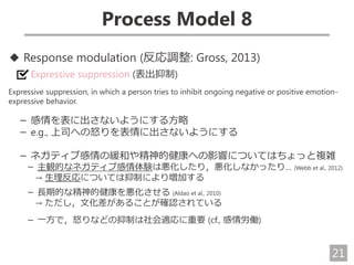 21
Process Model 8
◆ Response modulation (反応調整: Gross, 2013)
Expressive suppression (表出抑制)
Expressive suppression, in which a person tries to inhibit ongoing negative or positive emotion-
expressive behavior.
－ 感情を表に出さないようにする方略
－ e.g., 上司への怒りを表情に出さないようにする
－ ネガティブ感情の緩和や精神的健康への影響についてはちょっと複雑
－ 主観的なネガティブ感情体験は悪化したり，悪化しなかったり… (Webb et al., 2012)
→ 生理反応については抑制により増加する
－ 長期的な精神的健康を悪化させる (Aldao et al., 2010)
→ ただし，文化差があることが確認されている
－ 一方で，怒りなどの抑制は社会適応に重要 (cf., 感情労働)
 