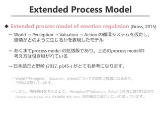 Extended Process Model
◆ Extended process model of emotion regulation (Gross, 2015)
－ World → Perception → Valuation → Action の循環システムを仮定し，
感情がどのように生じるかを表現したモデル
－ あくまでprocess model の拡張版であり，上述のprocess modelの
考え方は引き継がれている
→ 日本語だと野崎 (2017, p145-) がとても参考になります。
－ WorldやPerception，Valuation，Actionについての説明は複雑になるので，
今回は省略しています。
→ しかし，精神病理を考える上で， PerceptionやValuation，Actionは有用と思われるので
(Sheppes, Suri, & Gross, 2015; 日本語解説: 有光, 2019)，別の機会に紹介したいと思っています。
 