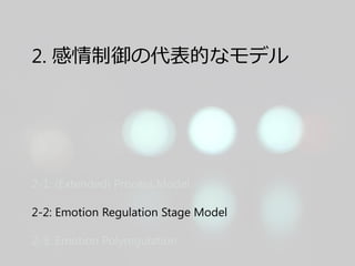 2. 感情制御の代表的なモデル
2-1: (Extended) Process Model
2-2: Emotion Regulation Stage Model
2-3: Emotion Polyregulation
 