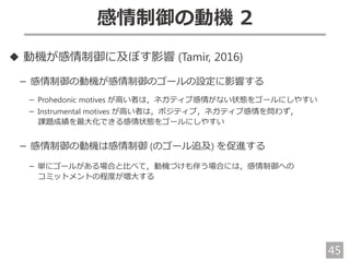 45
感情制御の動機 2
◆ 動機が感情制御に及ぼす影響 (Tamir, 2016)
－ 感情制御の動機が感情制御のゴールの設定に影響する
－ Prohedonic motives が高い者は，ネガティブ感情がない状態をゴールにしやすい
－ Instrumental motives が高い者は，ポジティブ，ネガティブ感情を問わず，
課題成績を最大化できる感情状態をゴールにしやすい
－ 感情制御の動機は感情制御 (のゴール追及) を促進する
－ 単にゴールがある場合と比べて，動機づけも伴う場合には，感情制御への
コミットメントの程度が増大する
 
