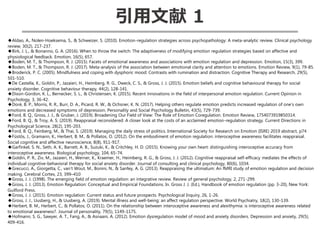 引用文献 1
◆Aldao, A., Nolen-Hoeksema, S., & Schweizer, S. (2010). Emotion-regulation strategies across psychopathology: A meta-analytic review. Clinical psychology
review, 30(2), 217-237.
◆Birk, J. L., & Bonanno, G. A. (2016). When to throw the switch: The adaptiveness of modifying emotion regulation strategies based on affective and
physiological feedback. Emotion, 16(5), 657.
◆Boden, M. T., & Thompson, R. J. (2015). Facets of emotional awareness and associations with emotion regulation and depression. Emotion, 15(3), 399.
◆Boden, M. T., & Thompson, R. J. (2017). Meta-analysis of the association between emotional clarity and attention to emotions. Emotion Review, 9(1), 79-85.
◆Broderick, P. C. (2005). Mindfulness and coping with dysphoric mood: Contrasts with rumination and distraction. Cognitive Therapy and Research, 29(5),
501-510.
◆De Castella, K., Goldin, P., Jazaieri, H., Heimberg, R. G., Dweck, C. S., & Gross, J. J. (2015). Emotion beliefs and cognitive behavioural therapy for social
anxiety disorder. Cognitive behaviour therapy, 44(2), 128-141.
◆Dixon-Gordon, K. L., Bernecker, S. L., & Christensen, K. (2015). Recent innovations in the field of interpersonal emotion regulation. Current Opinion in
Psychology, 3, 36-42.
◆Doré, B. P., Morris, R. R., Burr, D. A., Picard, R. W., & Ochsner, K. N. (2017). Helping others regulate emotion predicts increased regulation of one’s own
emotions and decreased symptoms of depression. Personality and Social Psychology Bulletin, 43(5), 729-739.
◆Ford, B. Q., Gross, J. J., & Gruber, J. (2019). Broadening Our Field of View: The Role of Emotion Coregulation. Emotion Review, 1754073919850314.
◆Ford, B. Q., & Troy, A. S. (2019). Reappraisal reconsidered: A closer look at the costs of an acclaimed emotion-regulation strategy. Current Directions in
Psychological Science, 28(2), 195-203.
◆Ford, B. Q., Feinberg, M., & Thai, S. (2019). Managing the daily stress of politics. International Society for Research on Emotion (ISRE) 2019 abstract, p74
◆Füstös, J., Gramann, K., Herbert, B. M., & Pollatos, O. (2012). On the embodiment of emotion regulation: interoceptive awareness facilitates reappraisal.
Social cognitive and affective neuroscience, 8(8), 911-917.
◆Garfinkel, S. N., Seth, A. K., Barrett, A. B., Suzuki, K., & Critchley, H. D. (2015). Knowing your own heart: distinguishing interoceptive accuracy from
interoceptive awareness. Biological psychology, 104, 65-74.
◆Goldin, P. R., Ziv, M., Jazaieri, H., Werner, K., Kraemer, H., Heimberg, R. G., & Gross, J. J. (2012). Cognitive reappraisal self-efficacy mediates the effects of
individual cognitive-behavioral therapy for social anxiety disorder. Journal of consulting and clinical psychology, 80(6), 1034.
◆Grecucci, A., Giorgetta, C., van’t Wout, M., Bonini, N., & Sanfey, A. G. (2013). Reappraising the ultimatum: An fMRI study of emotion regulation and decision
making. Cerebral Cortex, 23, 399–410
◆Gross, J. J. (1998). The emerging field of emotion regulation: an integrative review. Review of general psychology, 2, 271-299.
◆Gross, J. J. (2013). Emotion Regulation: Conceptual and Empirical Foundations. In. Gross J. J. (Ed.), Handbook of emotion regulation (pp. 3-20), New York:
Guilford Press.
◆Gross, J. J. (2015). Emotion regulation: Current status and future prospects. Psychological Inquiry, 26, 1-26.
◆Gross, J. J., Uusberg, H., & Uusberg, A. (2019). Mental illness and well-being: an affect regulation perspective. World Psychiatry, 18(2), 130-139.
◆Herbert, B. M., Herbert, C., & Pollatos, O. (2011). On the relationship between interoceptive awareness and alexithymia: is interoceptive awareness related
to emotional awareness?. Journal of personality, 79(5), 1149-1175.
◆Hofmann, S. G., Sawyer, A. T., Fang, A., & Asnaani, A. (2012). Emotion dysregulation model of mood and anxiety disorders. Depression and anxiety, 29(5),
409-416.
 