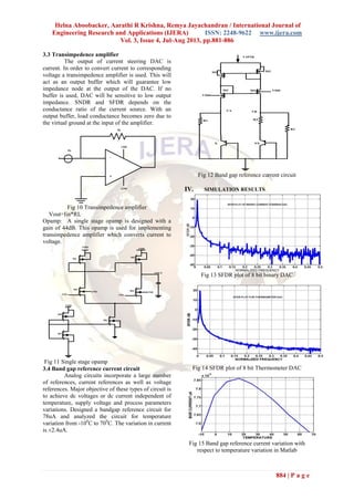 Helna Aboobacker, Aarathi R Krishna, Remya Jayachandran / International Journal of
Engineering Research and Applications (IJERA) ISSN: 2248-9622 www.ijera.com
Vol. 3, Issue 4, Jul-Aug 2013, pp.881-886
884 | P a g e
3.3 Transimpedence amplifier
The output of current steering DAC is
current. In order to convert current to corresponding
voltage a transimpedence amplifier is used. This will
act as an output buffer which will guarantee low
impedance node at the output of the DAC. If no
buffer is used, DAC will be sensitive to low output
impedance. SNDR and SFDR depends on the
conductance ratio of the current source. With an
output buffer, load conductance becomes zero due to
the virtual ground at the input of the amplifier.
RL
-
+
VDD
GND
Iin
Fig 10 Transimpedence amplifier
Vout=Iin*RL
Opamp: A single stage opamp is designed with a
gain of 44dB. This opamp is used for implementing
transimpedence amplifier which converts current to
voltage.
VDD
VDD
GND GND
VDD
VIN+ VIN-
VOUT
M1
M2
M3
M4
M5
M6
M7
Fig 11 Single stage opamp
3.4 Band gap reference current circuit
Analog circuits incorporate a large number
of references, current references as well as voltage
references. Major objective of these types of circuit is
to achieve dc voltages or dc current independent of
temperature, supply voltage and process parameters
variations. Designed a bandgap reference circuit for
78uA and analyzed the circuit for temperature
variation from -100
C to 700
C. The variation in current
is ±2.4uA.
R1 R3
R2
M1 M2
M3 M4
VDD
VDD
X NX
I SINK
VA VB
Fig 12 Band gap reference current circuit
IV. SIMULATION RESULTS
Fig 13 SFDR plot of 8 bit binary DAC
Fig 14 SFDR plot of 8 bit Thermometer DAC
Fig 15 Band gap reference current variation with
respect to temperature variation in Matlab
 