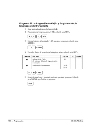 Programa 801 – Asignación de Cajón y Programación de
                Empleado de Entrenamiento
                          1. Girar la cerradura de control a la posición P.
                          2. Para empezar el programa, entrar 8 0 1 y pulsar la tecla SBTL.

                                8        0      1        SBTL


                          3. Entrar el número del empleado (1-15) que desee programar; pulsar la tecla
                             X/HORA.

                                                X/HORA


                          4. Entrar los dígitos de la opción de la siguiente tabla y pulsar la tecla SBTL.

                         Dirección      OPCIÓN                                     VALOR         =     SUMA
                           N1           Asignación de Cajón                          0-2
                                        (0: cajón por defecto, 1: Segundo cajón,
                                        2: sin cajón)
                           N2           Empleado de Entrenamiento                   Sí =1
                                                                                    No=0


                                N1      N2       SBTL


                          5. Repetir desde el paso 3 para cada empleado que desee programar. Pulsar la
                             tecla TOTAL para finalizar el programa.

                                TOTAL




142   •   Programación                                                                         ER-380 (P.C.Mira)
 