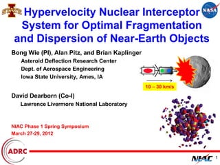 Hypervelocity Nuclear Interceptor System for Optimal Fragmentation and Dispersion of Near-Earth Objects 
Bong Wie (PI), Alan Pitz, and Brian Kaplinger 
Asteroid Deflection Research Center 
Dept. of Aerospace Engineering 
Iowa State University, Ames, IA 
David Dearborn (Co-I) 
Lawrence Livermore National Laboratory 
NIAC Phase 1 Spring Symposium 
March 27-29, 2012 
1 
10 – 30 km/s  