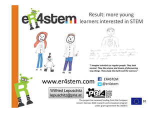 The project has received funding from the European 
Union’s Horizon 2020 research and innovation program 
under grant agreement No. 665972  
“I imagine scientists as regular people. They look 
normal. They like science and dream of discovering 
new things. They study the Earth and the sciences.”
Result: more young 
learners interested in STEM
10
www.er4stem.com
Wilfried Lepuschitz
lepuschitz@pria.at
ER4STEM
@er4stem
 
