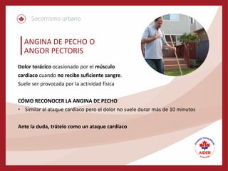 ANGINA DE PECHO O
ANGOR PECTORIS
Dolor torácico ocasionado por el músculo
cardíaco cuando no recibe suficiente sangre.
Suele ser provocada por la actividad física
CÓMO RECONOCER LA ANGINA DE PECHO
• Similar al ataque cardíaco pero el dolor no suele durar más de 10 minutos
Ante la duda, trátelo como un ataque cardíaco
 