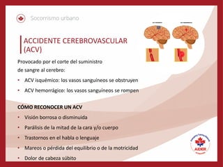 ACCIDENTE CEREBROVASCULAR
(ACV)
Provocado por el corte del suministro
de sangre al cerebro:
• ACV isquémico: los vasos sanguíneos se obstruyen
• ACV hemorrágico: los vasos sanguíneos se rompen
CÓMO RECONOCER UN ACV
• Visión borrosa o disminuida
• Parálisis de la mitad de la cara y/o cuerpo
• Trastornos en el habla o lenguaje
• Mareos o pérdida del equilibrio o de la motricidad
• Dolor de cabeza súbito
 