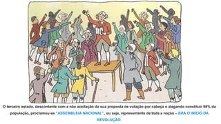 O terceiro estado, descontente com a não aceitação da sua proposta de votação por cabeça e alegando constituir 98% da
população, proclamou-se “ASSEMBLEIA NACIONAL”, ou seja, representante de toda a nação – ERA O INÍCIO DA
REVOLUÇÃO.
 
