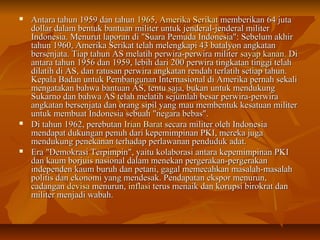  Antara ttaahhuunn 11995599 ddaann ttaahhuunn 11996655,, AAmmeerriikkaa SSeerriikkaatt mmeemmbbeerriikkaann 6644 jjuuttaa 
ddoollllaarr ddaallaamm bbeennttuukk bbaannttuuaann mmiilliitteerr uunnttuukk jjeennddeerraall--jjeennddeerraall mmiilliitteerr 
IInnddoonneessiiaa.. MMeennuurruutt llaappoorraann ddii ""SSuuaarraa PPeemmuuddaa IInnddoonneessiiaa"":: SSeebbeelluumm aakkhhiirr 
ttaahhuunn 1199660,, AAmmeerriikkaa SSeerriikkaatt tteellaahh mmeelleennggkkaappii 4433 bbaattaallyyoonn aannggkkaattaann 
bbeerrsseennjjaattaa.. TTiiaapp ttaahhuunn AASS mmeellaattiihh ppeerrwwiirraa--ppeerrwwiirraa mmiilliitteerr ssaayyaapp kkaannaann.. DDii 
aannttaarraa ttaahhuunn 11995566 ddaann 11995599,, lleebbiihh ddaarrii 200 ppeerrwwiirraa ttiinnggkkaattaann ttiinnggggii tteellaahh 
ddiillaattiihh ddii AASS,, ddaann rraattuussaann ppeerrwwiirraa aannggkkaattaann rreennddaahh tteerrllaattiihh sseettiiaapp ttaahhuunn.. 
KKeeppaallaa BBaaddaann uunnttuukk PPeemmbbaanngguunnaann IInntteerrnnaassiioonnaall ddii AAmmeerriikkaa ppeerrnnaahh sseekkaallii 
mmeennggaattaakkaann bbaahhwwaa bbaannttuuaann AASS,, tteennttuu ssaajjaa,, bbuukkaann uunnttuukk mmeenndduukkuunngg 
SSuukkaarrnnoo ddaann bbaahhwwaa AASS tteellaahh mmeellaattiihh sseejjuummllaahh bbeessaarr ppeerrwwiirraa--ppeerrwwiirraa 
aannggkkaattaann bbeerrsseennjjaattaa ddaann oorraanngg ssiippiill yyaanngg mmaauu mmeemmbbeennttuukk kkeessaattuuaann mmiilliitteerr 
uunnttuukk mmeemmbbuuaatt IInnddoonneessiiaa sseebbuuaahh ""nneeggaarraa bbeebbaass"".. 
 DDii ttaahhuunn 1199662,, ppeerreebbuuttaann IIrriiaann BBaarraatt sseeccaarraa mmiilliitteerr oolleehh IInnddoonneessiiaa 
mmeennddaappaatt dduukkuunnggaann ppeennuuhh ddaarrii kkeeppeemmiimmppiinnaann PPKKII,, mmeerreekkaa jjuuggaa 
mmeenndduukkuunngg ppeenneekkaannaann tteerrhhaaddaapp ppeerrllaawwaannaann ppeenndduudduukk aaddaatt.. 
 EErraa ""DDeemmookkrraassii TTeerrppiimmppiinn"",, yyaaiittuu kkoollaabboorraassii aannttaarraa kkeeppeemmiimmppiinnaann PPKKII 
ddaann kkaauumm bboorrjjuuiiss nnaassiioonnaall ddaallaamm mmeenneekkaann ppeerrggeerraakkaann--ppeerrggeerraakkaann 
iinnddeeppeennddeenn kkaauumm bbuurruuhh ddaann ppeettaannii,, ggaaggaall mmeemmeeccaahhkkaann mmaassaallaahh--mmaassaallaahh 
ppoolliittiiss ddaann eekkoonnoommii yyaanngg mmeennddeessaakk.. PPeennddaappaattaann eekkssppoorr mmeennuurruunn,, 
ccaaddaannggaann ddeevviissaa mmeennuurruunn,, iinnffllaassii tteerruuss mmeennaaiikk ddaann kkoorruuppssii bbiirrookkrraatt ddaann 
mmiilliitteerr mmeennjjaaddii wwaabbaahh.. 
 