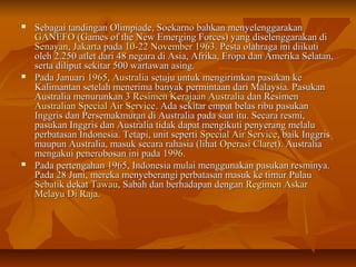  Sebagai tandingan Olimpiade, Soekarno bahkan mmeennyyeelleennggggaarraakkaann 
GGAANNEEFFOO ((GGaammeess ooff tthhee NNeeww EEmmeerrggiinngg FFoorrcceess)) yyaanngg ddiisseelleennggggaarraakkaann ddii 
SSeennaayyaann,, JJaakkaarrttaa ppaaddaa 110--22 NNoovveemmbbeerr 11996633.. PPeessttaa oollaahhrraaggaa iinnii ddiiiikkuuttii 
oolleehh 2..2550 aattlleett ddaarrii 4488 nneeggaarraa ddii AAssiiaa,, AAffrriikkaa,, EErrooppaa ddaann AAmmeerriikkaa SSeellaattaann,, 
sseerrttaa ddiilliippuutt sseekkiittaarr 5500 wwaarrttaawwaann aassiinngg.. 
 PPaaddaa JJaannuuaarrii 11996655,, AAuussttrraalliiaa sseettuujjuu uunnttuukk mmeennggiirriimmkkaann ppaassuukkaann kkee 
KKaalliimmaannttaann sseetteellaahh mmeenneerriimmaa bbaannyyaakk ppeerrmmiinnttaaaann ddaarrii MMaallaayyssiiaa.. PPaassuukkaann 
AAuussttrraalliiaa mmeennuurruunnkkaann 33 RReessiimmeenn KKeerraajjaaaann AAuussttrraalliiaa ddaann RReessiimmeenn 
AAuussttrraalliiaann SSppeecciiaall AAiirr SSeerrvviiccee.. AAddaa sseekkiittaarr eemmppaatt bbeellaass rriibbuu ppaassuukkaann 
IInnggggrriiss ddaann PPeerrsseemmaakkmmuurraann ddii AAuussttrraalliiaa ppaaddaa ssaaaatt iittuu.. SSeeccaarraa rreessmmii,, 
ppaassuukkaann IInnggggrriiss ddaann AAuussttrraalliiaa ttiiddaakk ddaappaatt mmeennggiikkuuttii ppeennyyeerraanngg mmeellaalluu 
ppeerrbbaattaassaann IInnddoonneessiiaa.. TTeettaappii,, uunniitt sseeppeerrttii SSppeecciiaall AAiirr SSeerrvviiccee,, bbaaiikk IInnggggrriiss 
mmaauuppuunn AAuussttrraalliiaa,, mmaassuukk sseeccaarraa rraahhaassiiaa ((lliihhaatt OOppeerraassii CCllaarreett)).. AAuussttrraalliiaa 
mmeennggaakkuuii ppeenneerroobboossaann iinnii ppaaddaa 11999966.. 
 PPaaddaa ppeerrtteennggaahhaann 11996655,, IInnddoonneessiiaa mmuullaaii mmeenngggguunnaakkaann ppaassuukkaann rreessmmiinnyyaa.. 
PPaaddaa 288 JJuunnii,, mmeerreekkaa mmeennyyeebbeerraannggii ppeerrbbaattaassaann mmaassuukk kkee ttiimmuurr PPuullaauu 
SSeebbaattiikk ddeekkaatt TTaawwaauu,, SSaabbaahh ddaann bbeerrhhaaddaappaann ddeennggaann RReeggiimmeenn AAsskkaarr 
MMeellaayyuu DDii RRaajjaa.. 
 