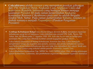  CCaakkrraabbiirraawwaa aaddaallaahh rreessiimmeenn yyaanngg mmeerruuppaakkaann ppaassuukkaann ggaabbuunnggaann 
ddaarrii TTNNII AAnnggkkaattaann DDaarraatt,, AAnnggkkaattaann LLaauutt,, AAnnggkkaattaann UUddaarraa ddaann 
KKeeppoolliissiiaann RReeppuubblliikk IInnddoonneessiiaa yyaanngg bbeerrttuuggaass kkhhuussuuss mmeennjjaaggaa 
kkeeaammaannaann PPrreessiiddeenn RRII ppaaddaa zzaammaann ppeemmeerriinnttaahhaann SSooeekkaarrnnoo.. 
KKoommaannddaann RReessiimmeenn CCaakkrraabbiirraawwaa ppaaddaa ssaaaatt iittuu aaddaallaahh BBrriiggaaddiirr 
JJeennddrraall MMoohh.. SSaabbuurr.. PPaaddaa zzaammaann ppeemmeerriinnttaahhaann SSuuhhaarrttoo,, rreessiimmeenn iinnii 
ddiiuubbaahh nnaammaannyyaa mmeennjjaaddii PPaassppaammpprreess ((PPaassuukkaann PPeennggaammaann 
PPrreessiiddeenn)) 
 LLeemmbbaaggaa KKeebbuuddaajjaaaann RRaakkjjaatt aattaauu ddiikkeennaall ddeennggaann aakkrroonniimm LLeekkrraa,, mmeerruuppaakkaann oorrggaanniissaassii 
kkeebbuuddaayyaaaann ssaayyaapp kkiirrii ddii IInnddoonneessiiaa.. LLeekkrraa ddiiddiirriikkaann aattaass iinniissiiaattiiff DDNN AAiiddiitt,, NNyyoottoo,, MMSS 
AAsshhaarr,, ddaann AASS DDhhaarrttaa ppaaddaa 1177 AAgguussttuuss 11995500.. DDNN AAiiddiitt ddaann NNyyoottoo ssaaaatt iittuu aaddaallaahh ppaarraa 
ppeemmiimmppiinn PPKKII,, yyaanngg bbaarruu ddiibbeennttuukk kkeemmbbaallii sseetteellaahh kkeeggaaggaallaann ggeerraakkaann MMuussoo.. 
 LLeekkrraa bbeekkeerrjjaa kkhhuussuussnnyyaa ddii bbiiddaanngg kkeebbuuddaayyaaaann,, kkeesseenniiaann ddaann iillmmuu.. LLeekkrraa bbeerrttuujjuuaann 
mmeenngghhiimmppuunn tteennaaggaa ddaann kkeeggiiaattaann ppaarraa ppeennuulliiss,, sseenniimmaann,, ddaann ppeellaakkuu kkeebbuuddaayyaaaann llaaiinnnnyyaa,, 
sseerrttaa bbeerrkkeeyyaakkiinnaann bbaahhwwaa kkeebbuuddaayyaaaann ddaann sseennii ttiiddaakk bbiissaa ddiippiissaahhkkaann ddaarrii rraakkyyaatt.. SSaallaahh ssaattuu 
aannggggoottaa LLeekkrraa llaaiinnnnyyaa yyaanngg tteerrkkeennaall aaddaallaahh ppeennuulliiss PPrraammooeeddyyaa AAnnaannttaa TTooeerr.. 
 LLeekkrraa ddiibbuubbaarrkkaann bbeerrddaassaarrkkaann TTaapp.. MMPPRRSS NNoo.. XXXXVV//MMPPRRSS//ttaahhuunn 11996666,, tteennttaanngg ppeellaarraannggaann 
aajjaarraann KKoommuunniissmmee,, LLeenniinniissmmee,, ddaann ppeemmbbuubbaarraann oorrggaanniissaassii PPKKII bbeesseerrttaa oorrggaanniissaassii mmaassssaannyyaa.. 
 