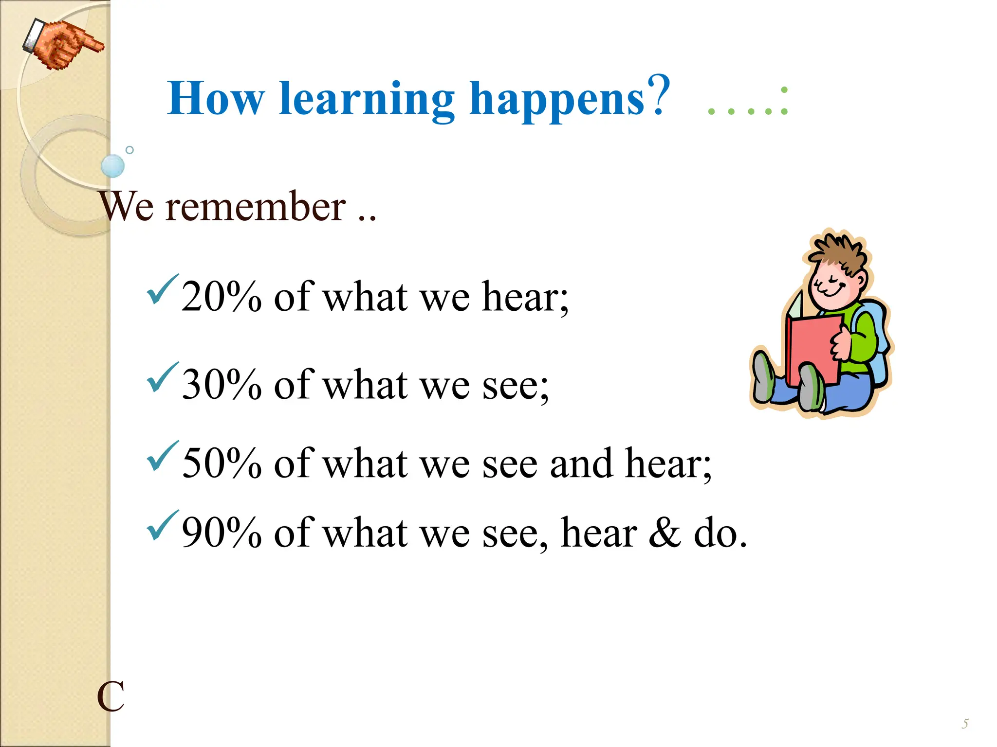 How learning happens? ….:
We remember ..
20% of what we hear;
30% of what we see;
50% of what we see and hear;
90% of what we see, hear & do.
C 5
 