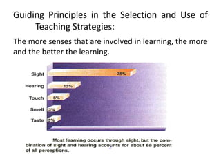 Guiding Principles in the Selection and Use of
Teaching Strategies:
The more senses that are involved in learning, the more
and the better the learning.
/
 