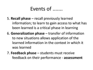 Events of .......
5. Recall phase – recall previously learned
information; to learn to gain access to what has
been learned is a critical phase in learning
6. Generalization phase – transfer of information
to new situations allows application of the
learned information in the context in which it
was learned
7. Feedback phase – students must receive
feedback on their performance - assessment
 