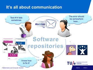 It’s all about communication

                                              The error should
             Test #14 fails
                                               be somewhere
              sometimes
                                                   here…




                              I know how
                                 to fix it!

/ Mathematics and Computer Science                   9/26/12   PAGE 2
 