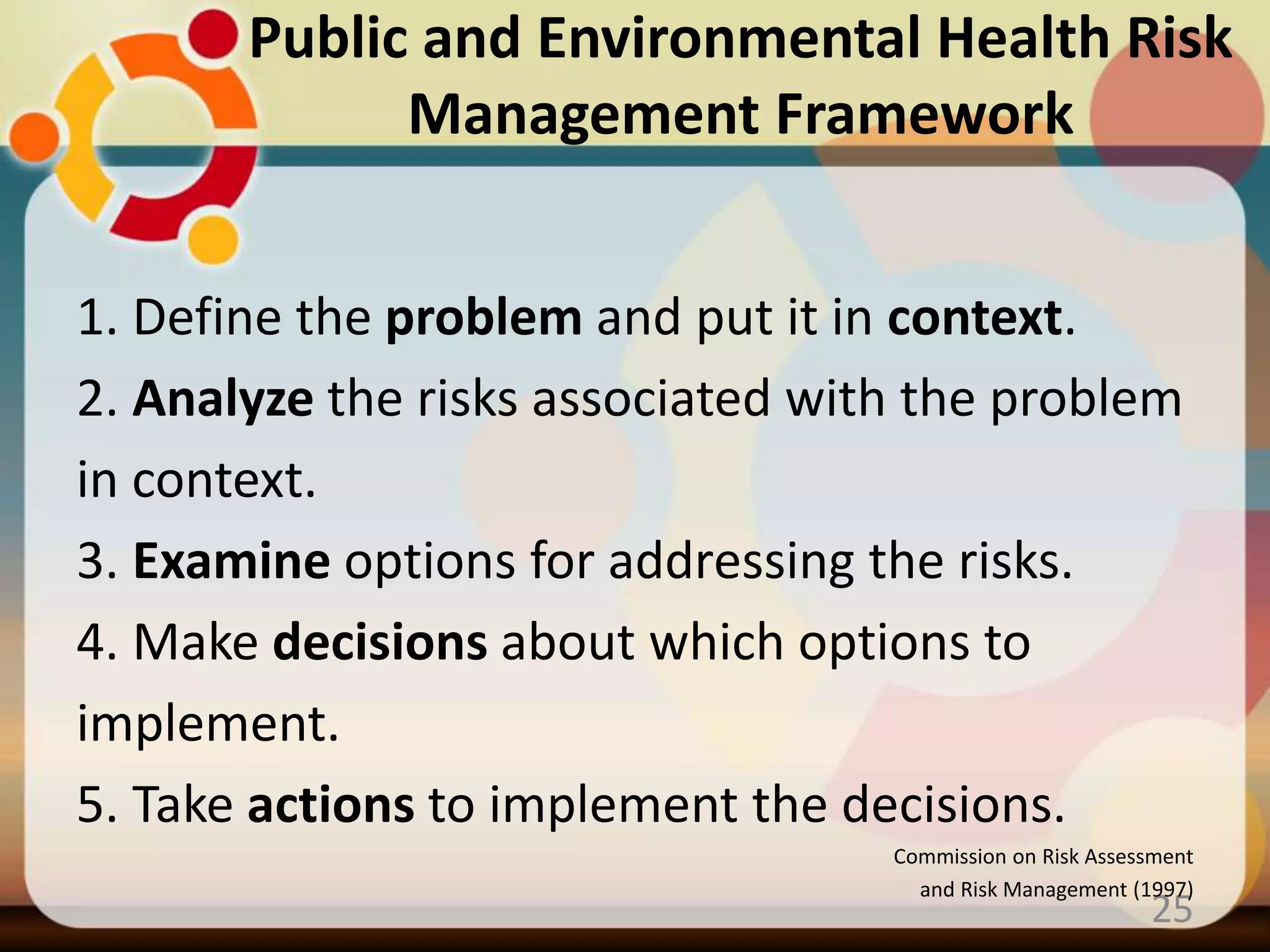 Public and Environmental Health Risk
Management Framework
25
1. Define the problem and put it in context.
2. Analyze the risks associated with the problem
in context.
3. Examine options for addressing the risks.
4. Make decisions about which options to
implement.
5. Take actions to implement the decisions.
Commission on Risk Assessment
and Risk Management (1997)
 