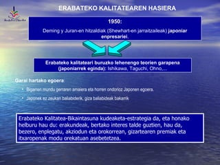 ERABATEKO KALITATEAREN HASIERA  1950: Deming y Juran-en hitzaldiak (Shewhart-en jarraitzaileak)  japoniar enpresariei . Erabateko kalitateari buruzko lehenengo teorien garapena (japoniarrek eginda):  Ishikawa, Taguchi, Ohno,... Garai hartako egoera : Bigarren mundu gerraren amaiera eta horren ondorioz Japonen egoera. Japonek ez zeukan baliabiderik, giza baliabideak bakarrik Erabateko Kalitatea-Bikaintasuna kudeaketa-estrategia da, eta honako helburu hau du: erakundeak, bertako interes talde guztien, hau da, bezero, enplegatu, akziodun eta orokorrean, gizartearen premiak eta itxaropenak modu orekatuan asebetetzea. 
