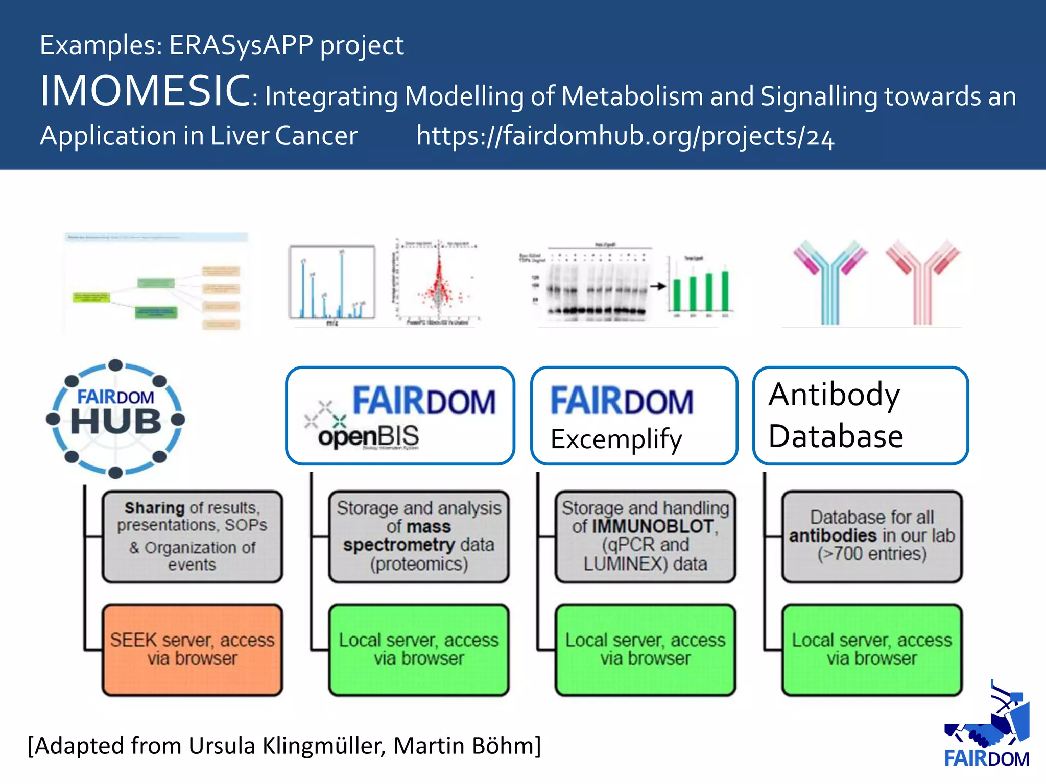 Examples: ERASysAPP project
IMOMESIC: Integrating Modelling of Metabolism and Signalling towards an
Application in Liver Cancer https://fairdomhub.org/projects/24
[Adapted from Ursula Klingmüller, Martin Böhm]
Excemplify
Antibody
Database
 