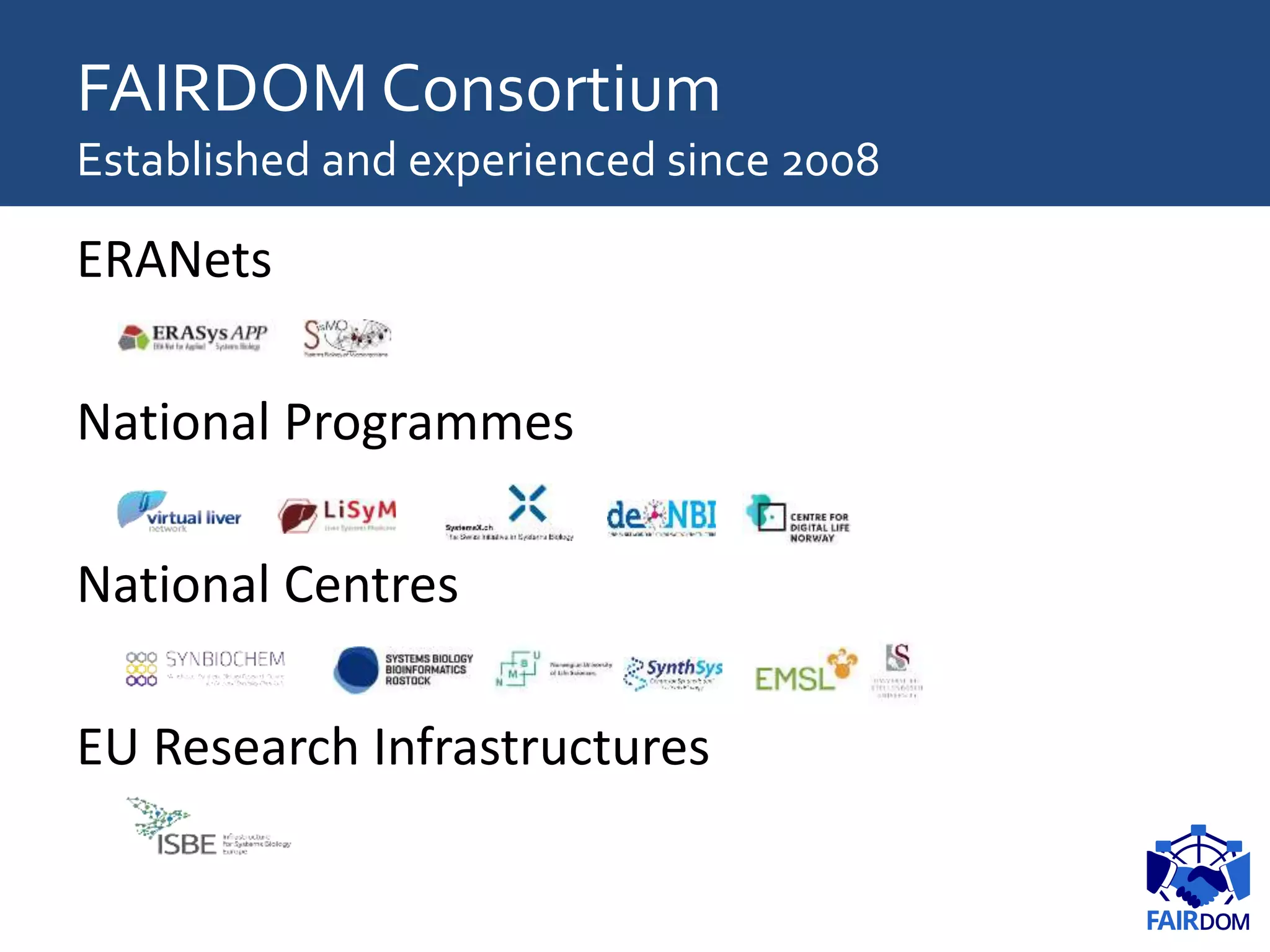 FAIRDOM Consortium
Established and experienced since 2008
ERANets
National Programmes
National Centres
EU Research Infrastructures
 
