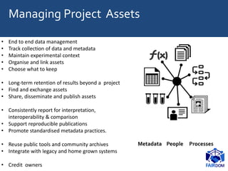 Managing Project Assets
• End to end data management
• Track collection of data and metadata
• Maintain experimental context
• Organise and link assets
• Choose what to keep
• Long-term retention of results beyond a project
• Find and exchange assets
• Share, disseminate and publish assets
• Consistently report for interpretation,
interoperability & comparison
• Support reproducible publications
• Promote standardised metadata practices.
• Reuse public tools and community archives
• Integrate with legacy and home grown systems
• Credit owners
Metadata People Processes
 