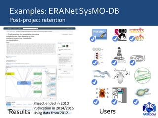 Examples: ERANet SysMO-DB
Post-project retention
Project ended in 2010
Publication in 2014/2015
Using data from 2012Results Users
 
