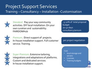 Standard. Pay your way community
activities. DIY local installation.On your
own curation and sustainability.
FAIRDOMHub
Premium. Direct support of projects.
In-house installation support. Full customer
service.Training.
Super-Premium. Extensive tailoring,
integrations and adaptations of platforms.
Custom and dedicated services.
In house installation support.
Project Support Services
Training – Consultancy – Installation -Customisation
per project negotiation
Cost
• local storage and
servers
• Licenses
• Training budgets
~5-10% of total proposal
budget
20-40 days
consultancy/annum
 