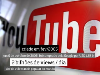 criado em fev/2005
em 9 de outubro de 2006, foi comprado pela Google por US$ 1,65 bi

     2 bilhões de views / dia
 site de vídeos mais popular do mundo
 