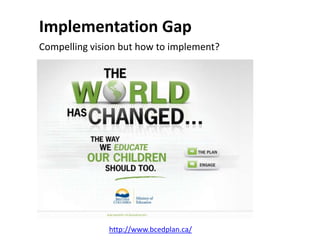 Implementation Gap
Compelling vision but how to implement?




               http://www.bcedplan.ca/
 
