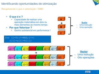 Identificando oportunidades de otimização
Recapitulando o que é vetorização / SIMD
15
for (i=0;i<=MAX;i++)
c[i]=a[i]+b[i];
+
c[i+7] c[i+6] c[i+5] c[i+4] c[i+3] c[i+2] c[i+1] c[i]
b[i+7] b[i+6] b[i+5] b[i+4] b[i+3] b[i+2] b[i+1] b[i]
a[i+7] a[i+6] a[i+5] a[i+4] a[i+3] a[i+2] a[i+1] a[i]
Vector
- Uma instrução
- Oito operações
+
C
B
A
Scalar
- Uma instrução
- Uma operação
• O que é e ?
• Capacidade de realizar uma
operação matemática em dois ou
mais elementos ao mesmo tempo.
• Por que Vetorizar ?
• Ganho substancial em performance !
 