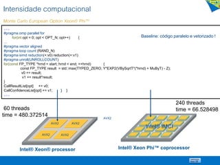...
#pragma omp parallel for
for(int opt = 0; opt < OPT_N; opt++) {
...
#pragma vector aligned
#pragma loop count (RAND_N)
#pragma simd reduction(+:v0) reduction(+:v1)
#pragma unroll(UNROLLCOUNT)
for(const FP_TYPE *hrnd = start; hrnd < end; ++hrnd) {
const FP_TYPE result = std::max(TYPED_ZERO, Y*EXP2(VBySqrtT*(*hrnd) + MuByT) - Z);
v0 += result;
v1 += result*result;
}
CallResultList[opt] += v0;
CallConfidenceList[opt] += v1; } }
...
Intel® Xeon® processor Intel® Xeon Phi™ coprocessor
240 threads
time = 66.52849860 threads
time = 480.372514
AVX2
AVX2
AVX2
AVX2
AVX2
Intensidade computacional
Monte Carlo European Option Xeon® Phi™
Baseline: código paralelo e vetorizado !
Intel® IMCI
 