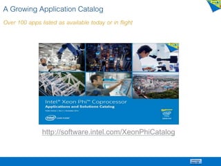 http://software.intel.com/XeonPhiCatalog
A Growing Application Catalog
Over 100 apps listed as available today or in flight
 